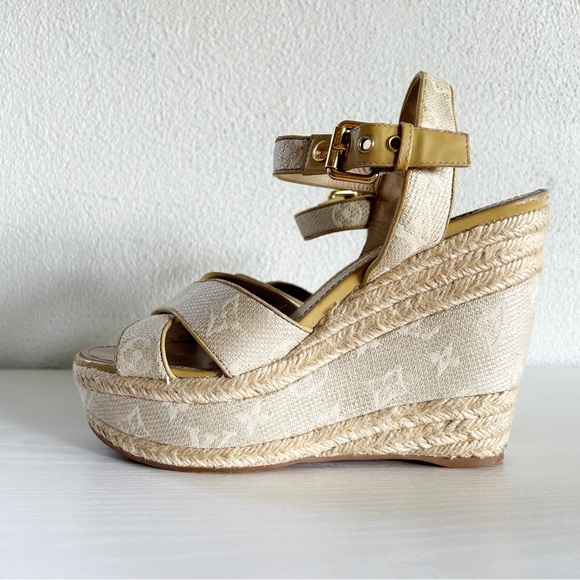 Louis Vuitton Beige Monogram Canvas Espadrille Ankle Strap Wedges Size EU 41 - Picture 1 of 15